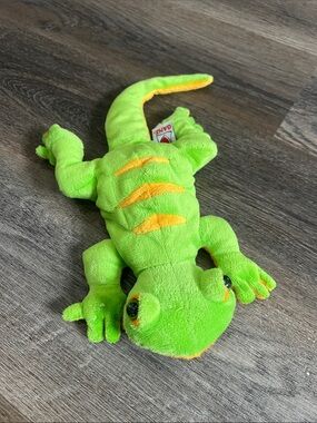 Bright Green Plush Lizard Toy with Yellow Accents